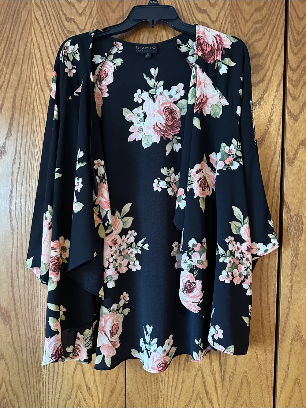 cameo Black Floral Tunic Top with Pink and Green Bouquet
